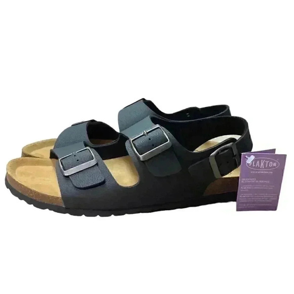 Plakton Baku Mens 10.5 44 Slingback 2 Strap Cork Sandals Black Soft Footbed NEW